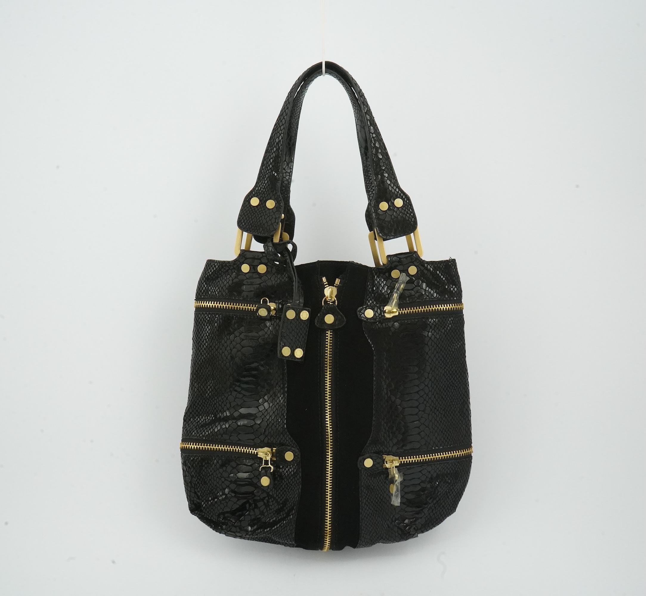 A vintage Jimmy Choo black snakeskin and elasticated material handbag with zip detail.